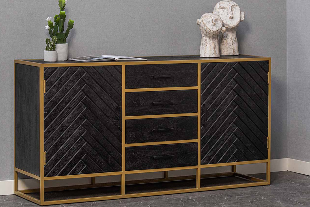 Mangohouten dressoir - zwart/goud 